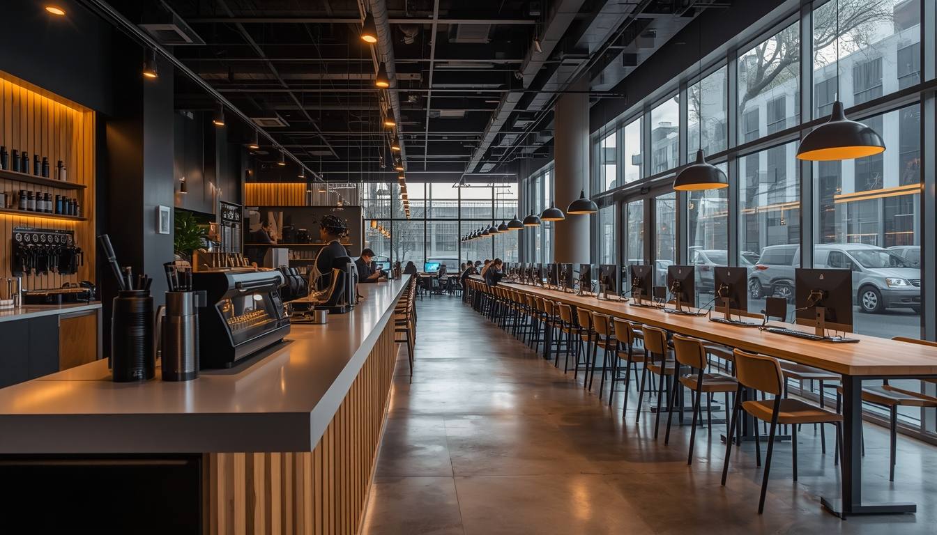 Bright hybrid gaming café and coffee bar with wood tables and gaming stations